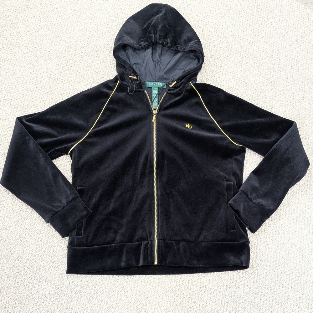 Lauren Ralph Lauren Velour Jacket Black Gold‎ Hooded Full Zip Gym Track P/Medium